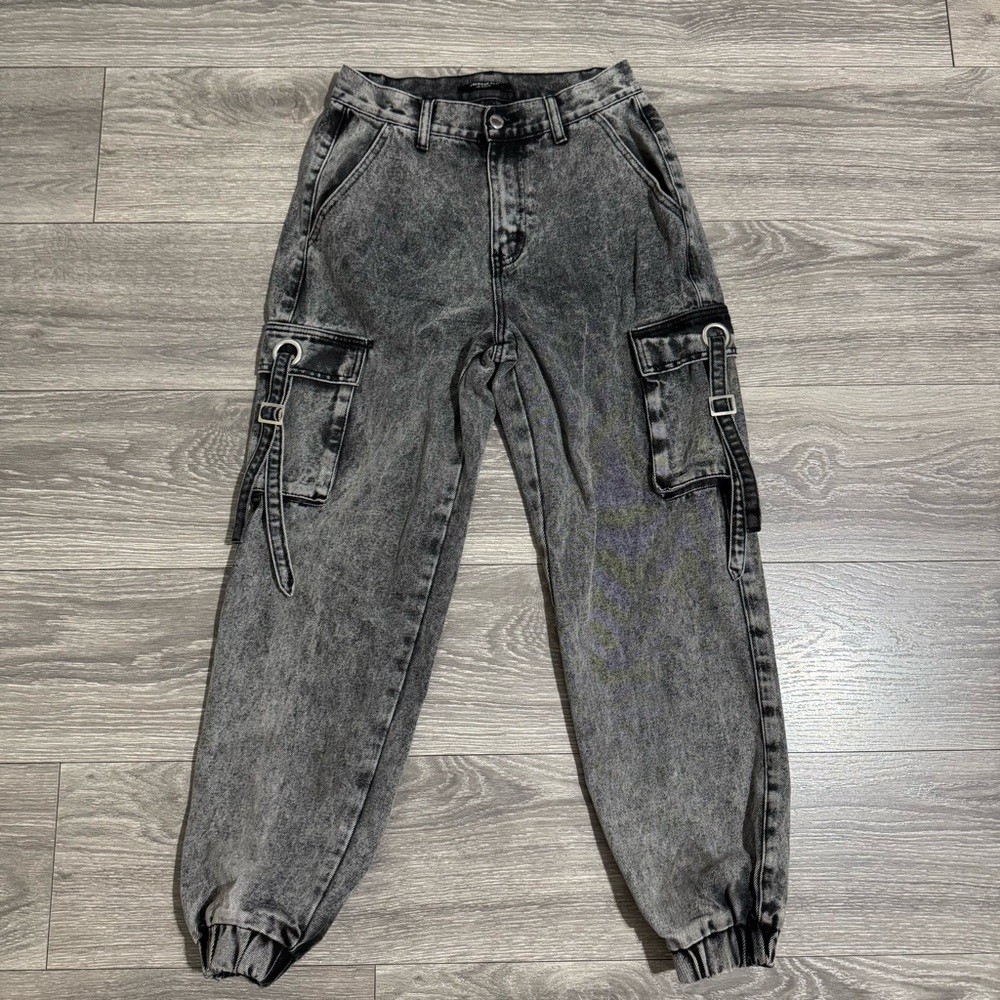 American Bazi Women Black Gray High Rise Cargo Tappered Jeans Size S